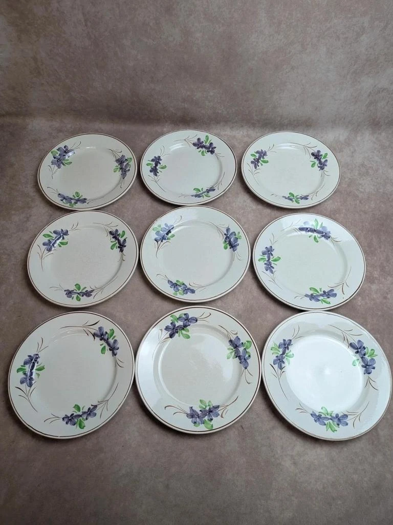Lot de 9 pratos antigos de terra de fer – Opaque de Bordeaux – decoração floral pintada à mão – photo 2